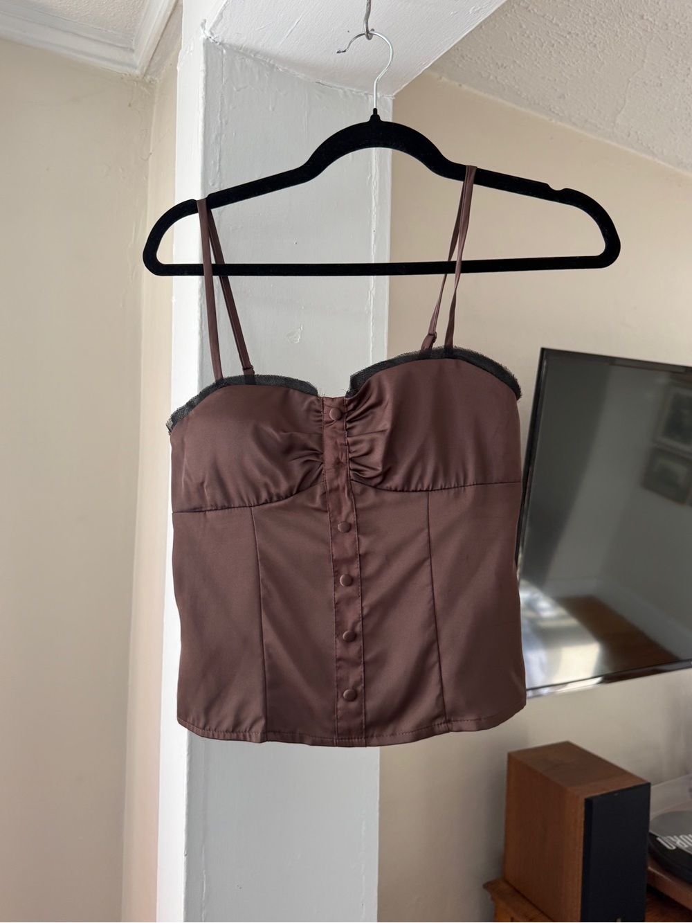 Thirty Thirty LA Brown Satin Corset Cami Top S Lace Y2K